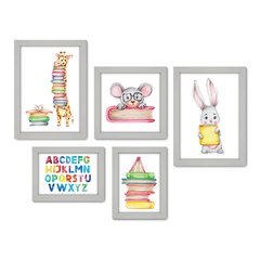 Kit Com 5 Quadros Decorativos - Animais - Livros - Infantil - Educação - 323kq01 - Allodi