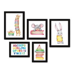 Kit Com 5 Quadros Decorativos - Animais - Livros - Infantil - Educação - 323kq01 na internet