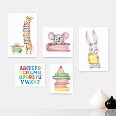 Kit 5 Placas Decorativas - Animais Livros Educação Escola Infantil Bebê Quarto Menino Menina - 323ktpl5