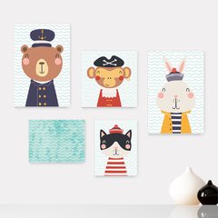 Kit 5 Placas Decorativas - Animais Marinheiro Infantil Bebê Quarto Menino Menina - 324ktpl5