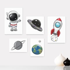 Kit 5 Placas Decorativas - Astronauta Foguete Infantil Bebê Quarto Menino Menina - 325ktpl5