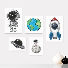 Kit 5 Placas Decorativas - Astronauta Foguetes Infantil Bebê Quarto Menino Menina - 326ktpl5