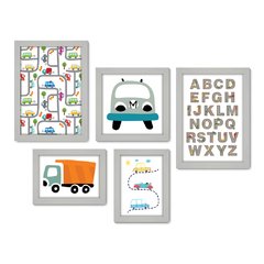 Kit Com 5 Quadros Decorativos - Carrinhos - Alfabeto - Infantil - Baby - 327kq01 - Allodi