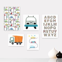 Kit 5 Placas Decorativas - Carrinhos Alfabeto Infantil Bebê Quarto Menino Menina - 327ktpl5