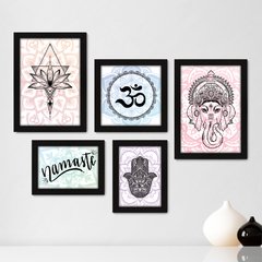 Kit Com 5 Quadros Decorativos - Ganesha - Flor de Lótus - Om - Namastê - Hamsa - 330kq01