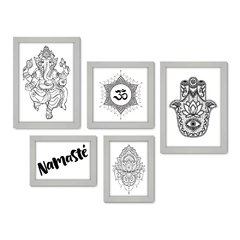 Kit Com 5 Quadros Decorativos - Ganesha - Flor de Lótus - Om - Namastê - Hamsa - 331kq01 - Allodi