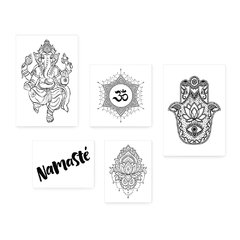 Kit 5 Placas Decorativas - Ganesha Flor de Lótus Om Namastê Hamsa Casa Quarto Sala - 331ktpl5 - comprar online