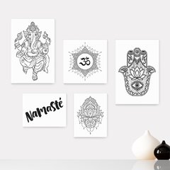 Kit 5 Placas Decorativas - Ganesha Flor de Lótus Om Namastê Hamsa Casa Quarto Sala - 331ktpl5