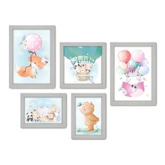 Kit Com 5 Quadros Decorativos - Animais - Infantil - Baby - Bebê - 332kq01 - Allodi