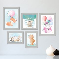 Kit Com 5 Quadros Decorativos - Animais - Infantil - Baby - Bebê - 332kq01 - comprar online