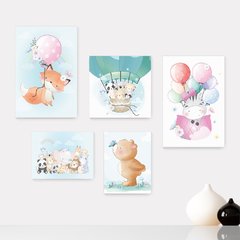Kit 5 Placas Decorativas - Animais Safari Infantil Bebê Quarto Menino Menina - 332ktpl5