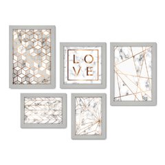 Kit Com 5 Quadros Decorativos - Amor - Abstratos - Geométricos - Quarto - Sala - 335kq01 - Allodi