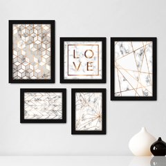 Kit Com 5 Quadros Decorativos - Amor - Abstratos - Geométricos - Quarto - Sala - 335kq01