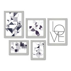 Kit Com 5 Quadros Decorativos - Abstratos - Geométricos - Love - Quarto - Sala - 338kq01 - Allodi