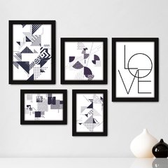 Kit Com 5 Quadros Decorativos - Abstratos - Geométricos - Love - Quarto - Sala - 338kq01