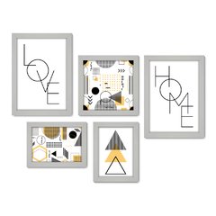 Kit Com 5 Quadros Decorativos - Abstratos - Geométricos - Love - Home - Quarto - Sala - 339kq01 - Allodi