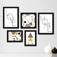 Kit Com 5 Quadros Decorativos - Abstratos - Geométricos - Love - Home - Quarto - Sala - 339kq01