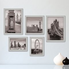 Kit Com 5 Quadros Decorativos - Londres - Inglaterra - Viagem - Preto e Branco - 342kq01 - comprar online
