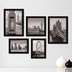 Kit Com 5 Quadros Decorativos - Londres - Inglaterra - Viagem - Preto e Branco - 342kq01