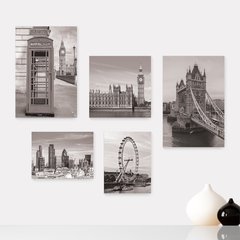 Kit 5 Placas Decorativas - Londres Inglaterra Viagem Preto e Branco Mundo Casa Quarto Sala - 342ktpl5