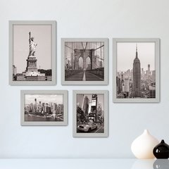 Kit Com 5 Quadros Decorativos - Nova Iorque - New York - Viagem - Preto e Branco - 343kq01 - comprar online