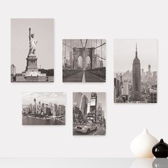 Kit 5 Placas Decorativas - Nova Iorque New York Viagem Preto e Branco Mundo Casa Quarto Sala - 343ktpl5