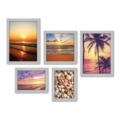 Kit Com 5 Quadros Decorativos - Praia - Mar - Pôr do Sol - Viagem - 344kq01 - Allodi