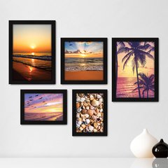 Kit Com 5 Quadros Decorativos - Praia - Mar - Pôr do Sol - Viagem - 344kq01