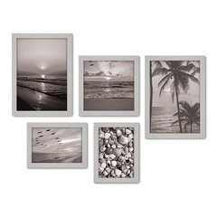 Kit Com 5 Quadros Decorativos - Praia - Mar - Pôr do Sol - Viagem - Preto e Branco - 345kq01 - Allodi