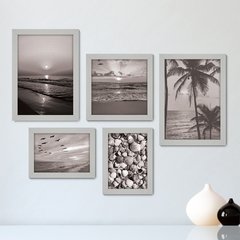 Kit Com 5 Quadros Decorativos - Praia - Mar - Pôr do Sol - Viagem - Preto e Branco - 345kq01 - comprar online