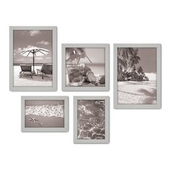 Kit Com 5 Quadros Decorativos - Praia - Mar - Férias - Viagem - Preto e Branco - 347kq01 - Allodi