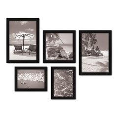 Kit Com 5 Quadros Decorativos - Praia - Mar - Férias - Viagem - Preto e Branco - 347kq01 na internet