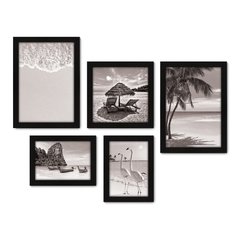 Kit Com 5 Quadros Decorativos - Praia - Mar - Viagem - Preto e Branco - 349kq01 na internet