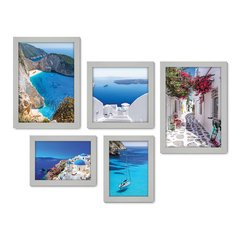 Kit Com 5 Quadros Decorativos - Grécia - Mykonos - Santorini - Mar - Viagem - 352kq01 - Allodi