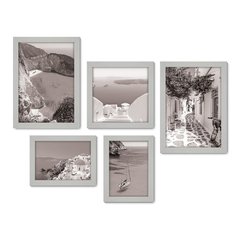 Kit Com 5 Quadros Decorativos - Grécia - Mykonos - Santorini - Mar - Viagem - Preto e Branco - 353kq01 - Allodi