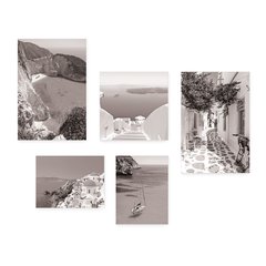 Kit 5 Placas Decorativas - Grécia Mykonos Santorini Mar Viagem Preto e Branco Mundo Casa Quarto Sala - 353ktpl5 - comprar online