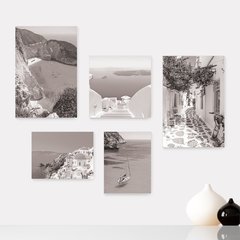 Kit 5 Placas Decorativas - Grécia Mykonos Santorini Mar Viagem Preto e Branco Mundo Casa Quarto Sala - 353ktpl5