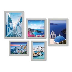 Kit Com 5 Quadros Decorativos - Grécia - Mykonos - Santorini - Mar - Viagem - 354kq01 - Allodi