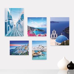 Kit 5 Placas Decorativas - Grécia Mykonos Santorini Mar Viagem Mundo Casa Quarto Sala - 354ktpl5