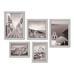 Kit Com 5 Quadros Decorativos - Grécia - Mykonos - Santorini - Mar - Viagem - Preto e Branco - 355kq01 - Allodi