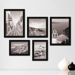 Kit Com 5 Quadros Decorativos - Grécia - Mykonos - Santorini - Mar - Viagem - Preto e Branco - 355kq01