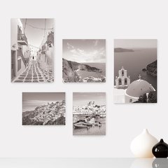 Kit 5 Placas Decorativas - Grécia Mykonos Santorini Mar Viagem Preto e Branco Mundo Casa Quarto Sala - 355ktpl5