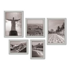 Kit Com 5 Quadros Decorativos - Rio de Janeiro - Cristo - Corcovado - Viagem - Preto e Branco - 359kq01 - Allodi