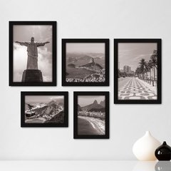 Kit Com 5 Quadros Decorativos - Rio de Janeiro - Cristo - Corcovado - Viagem - Preto e Branco - 359kq01