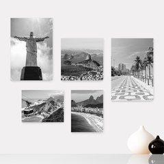 Kit 5 Placas Decorativas - Rio de Janeiro Cristo Corcovado Viagem Preto e Branco Mundo Casa Quarto Sala- 359ktpl5