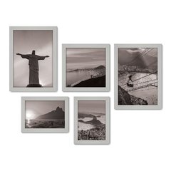 Kit Com 5 Quadros Decorativos - Rio de Janeiro - Cristo - Corcovado - Viagem - Preto e Branco - 361kq01 - Allodi