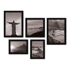 Kit Com 5 Quadros Decorativos - Rio de Janeiro - Cristo - Corcovado - Viagem - Preto e Branco - 361kq01 na internet
