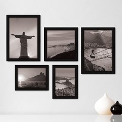 Kit Com 5 Quadros Decorativos - Rio de Janeiro - Cristo - Corcovado - Viagem - Preto e Branco - 361kq01