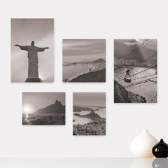 Kit 5 Placas Decorativas - Rio de Janeiro Cristo Corcovado Viagem Preto e Branco Mundo Casa Quarto Sala - 361ktpl5