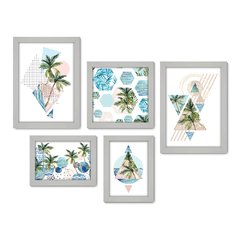 Kit Com 5 Quadros Decorativos - Coqueiros - Abstratos - Natureza - 362kq01 - Allodi